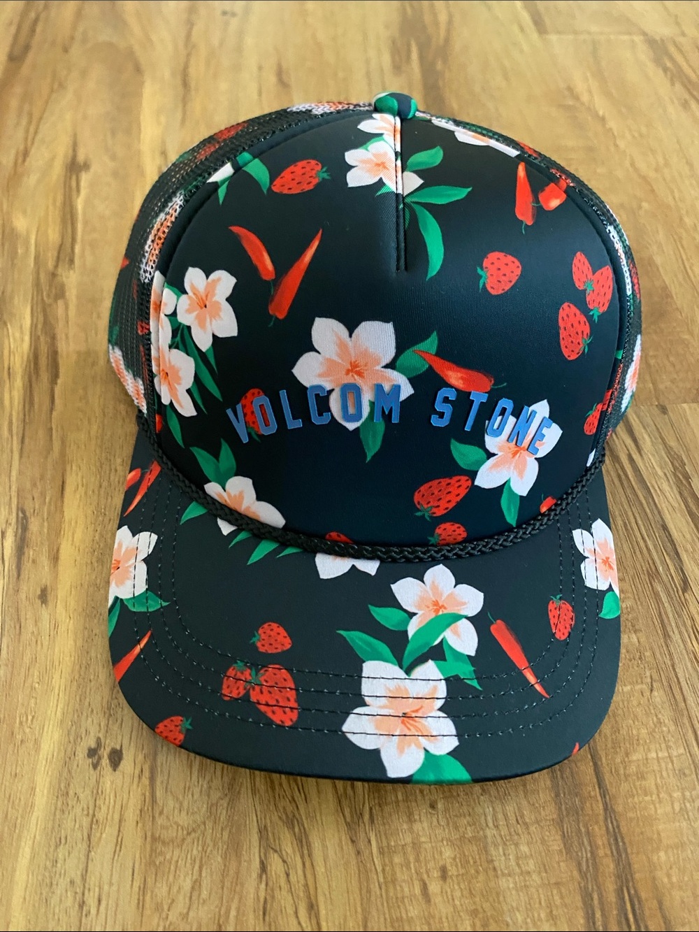 Volcom women’s hat trucker snap back floral strawberries NWT